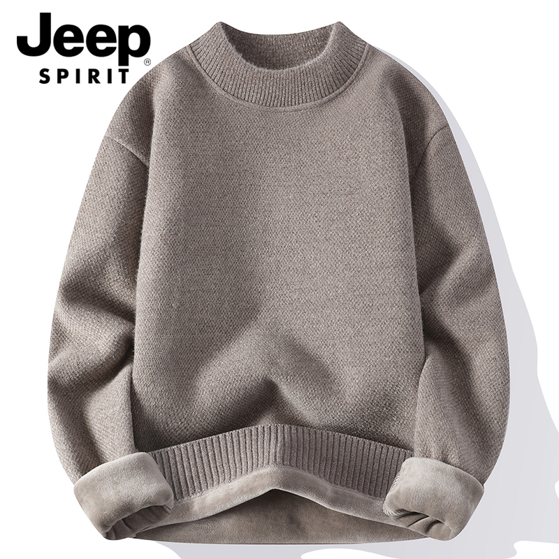 Jeep吉普圆领毛衣男士秋冬季加绒加厚保暖宽松百搭纯色打底针织衫