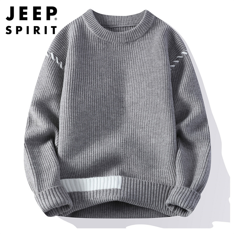 Jeep吉普加绒毛衣宽松秋冬拼色设计感打底针织衫加厚保暖上衣服男