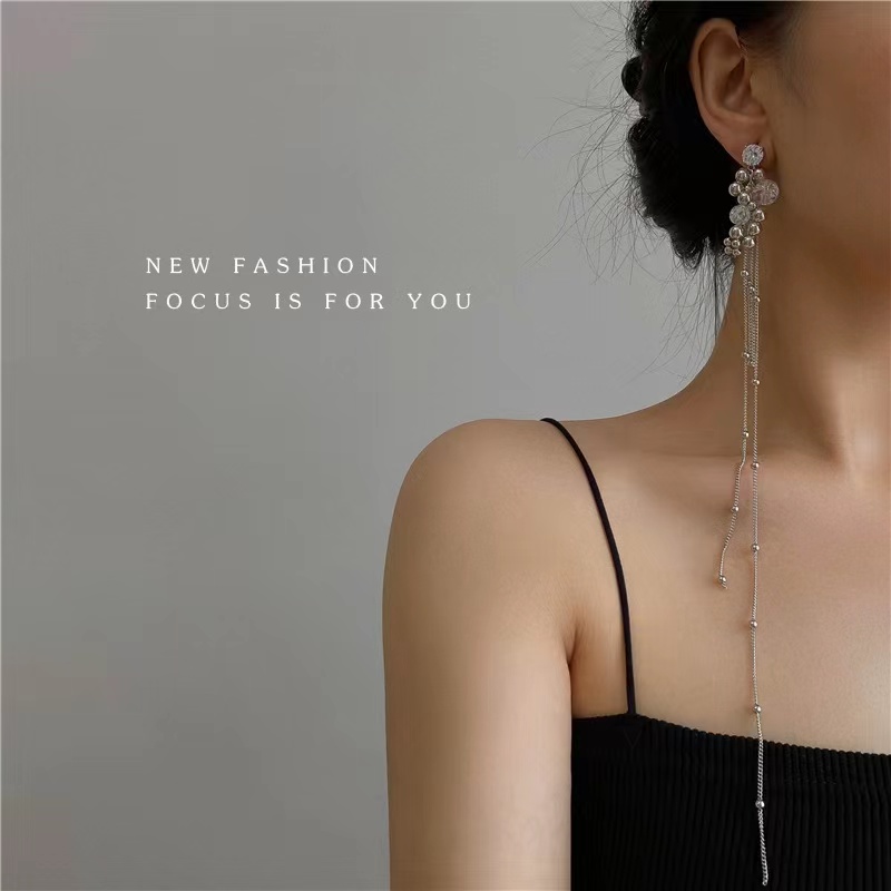 长流苏皓石银针夸张耳环小众气质范时尚大气显脸瘦耳饰