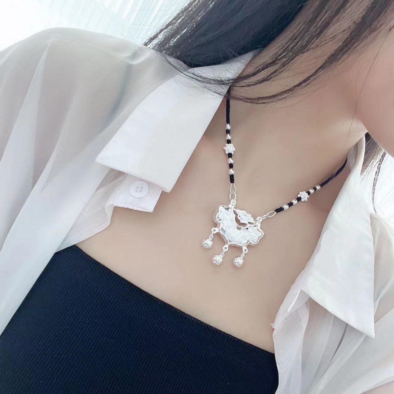 吊坠足银 吊坠纯银足银999双锦鲤荷花平安锁双鱼锁国风手工项链。。