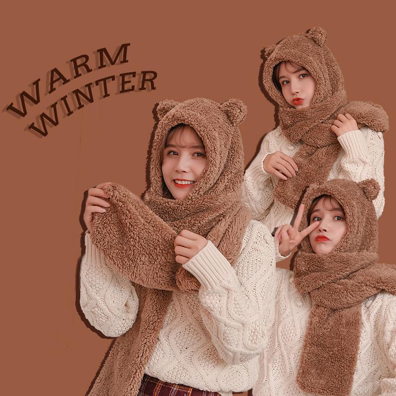 冬天骑车毛绒保暖护耳可爱小熊耳朵帽子围巾两件套装一体帽女韩版