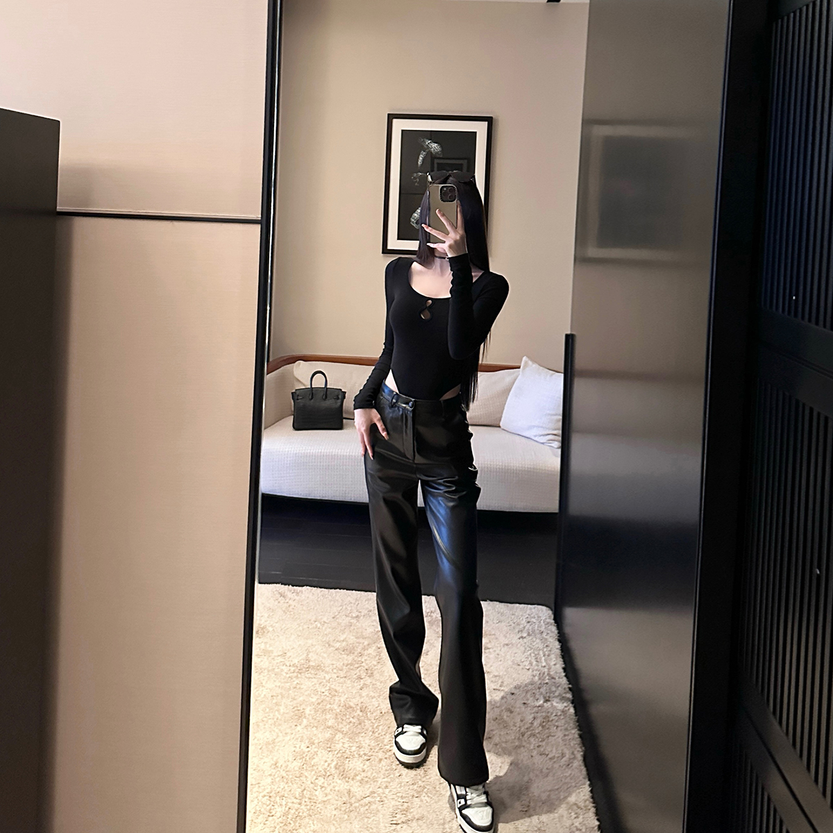 SX善喜黑色高腰直筒pu皮皮裤女酷飒风基础百搭休闲裤高冷气质裤子