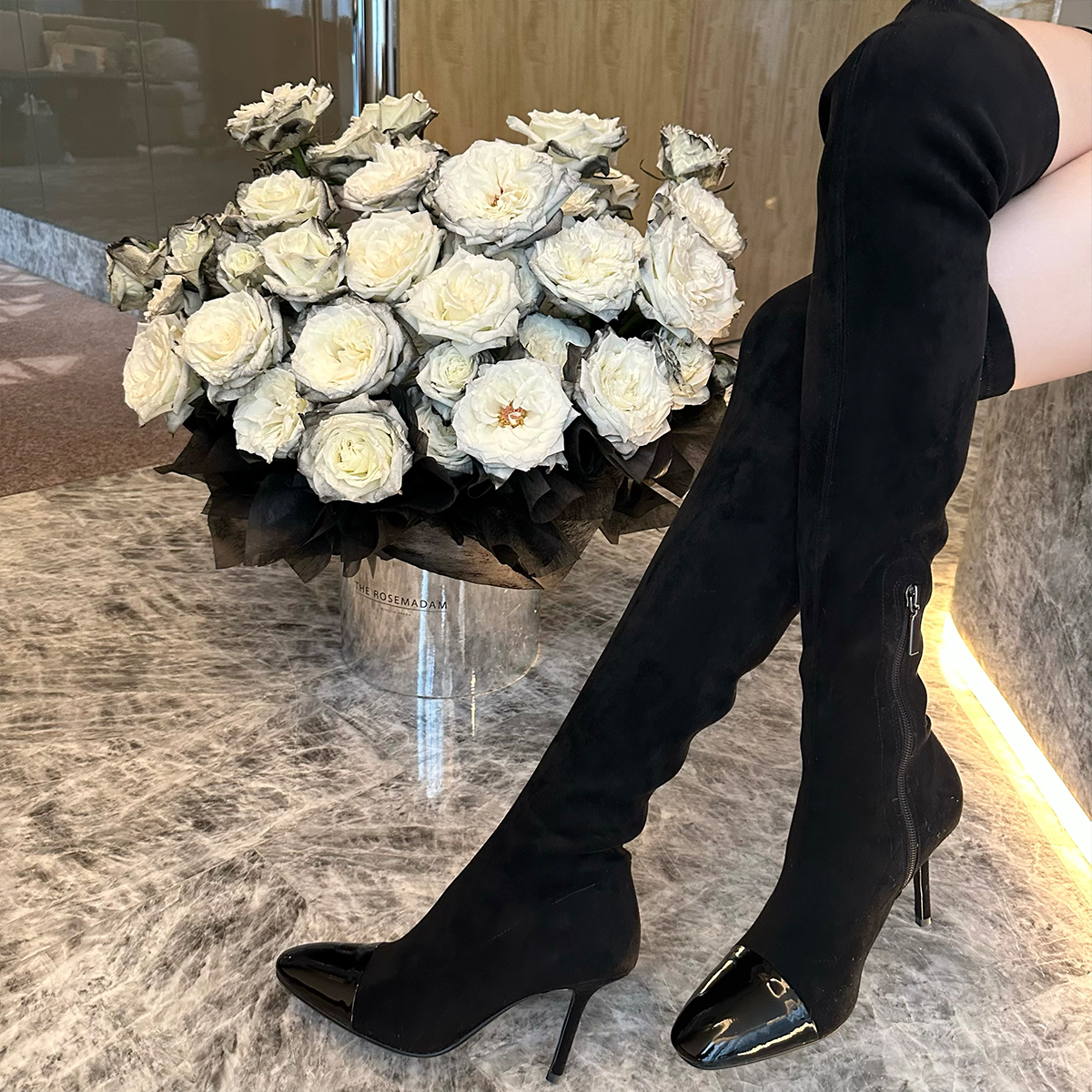 SX善喜8cm细高跟过膝长筒靴女优雅气质漆皮拼羊皮侧拉链靴子