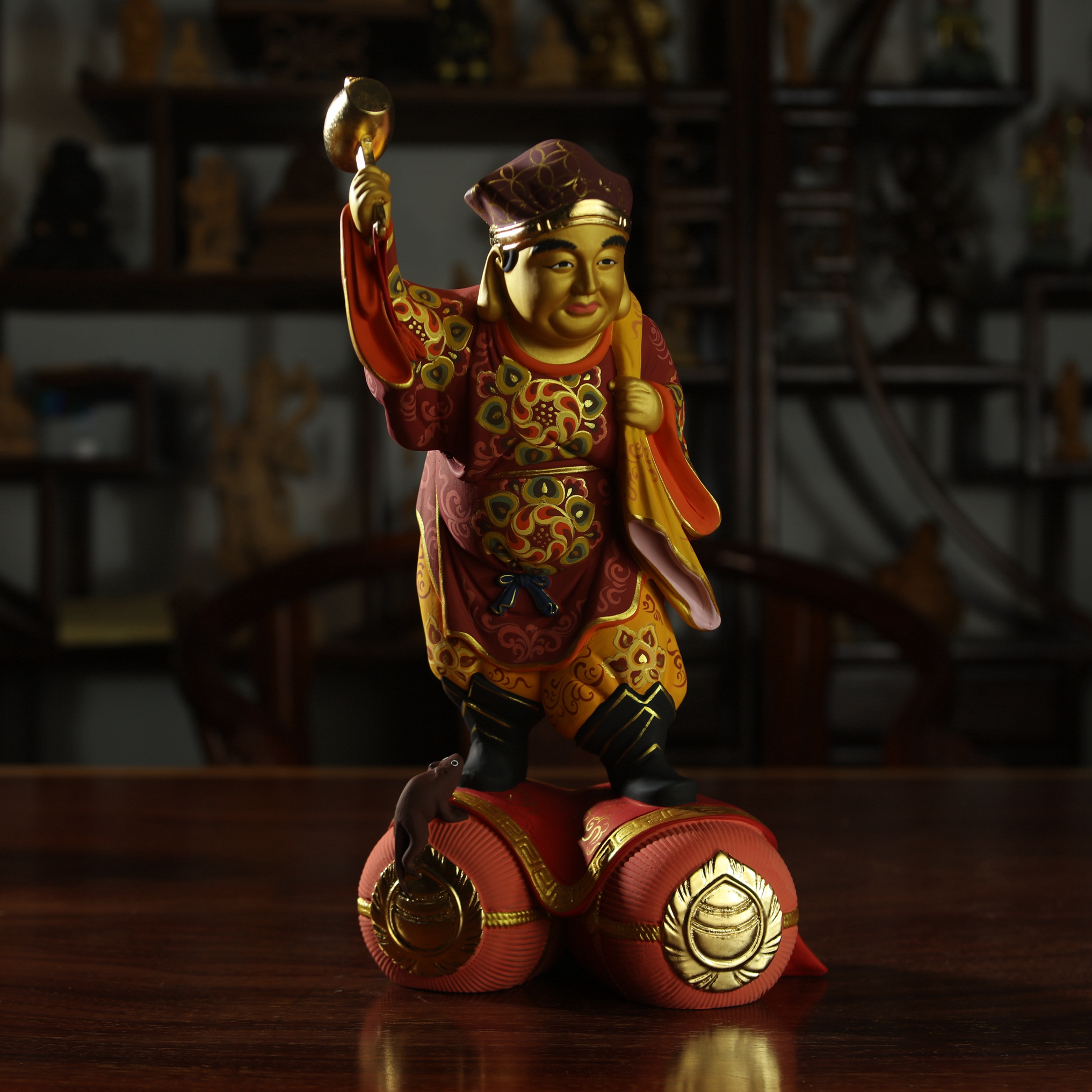 木雕佛像大黑天财神手工彩绘工艺品创意佛龛佛堂供奉祈福平安摆件