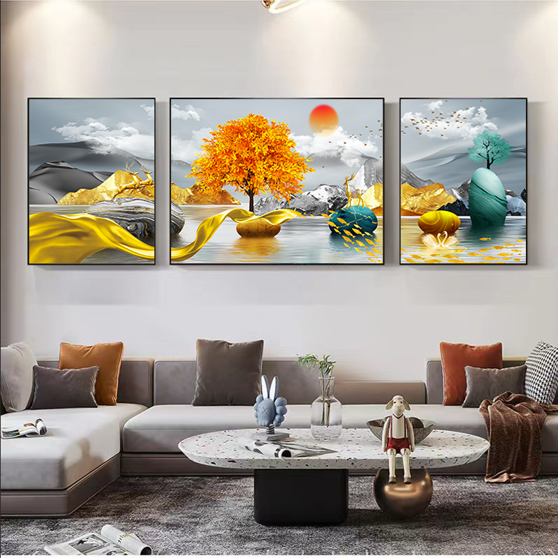 旭日东升客厅装饰画三联晶瓷简约现代福禄大气背景墙挂画轻奢高级