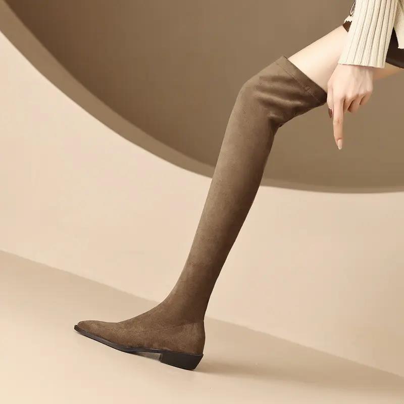 达芙妮沿荐过膝靴女弹力绒面长靴内增高瘦瘦靴秋冬尖头平底不掉筒