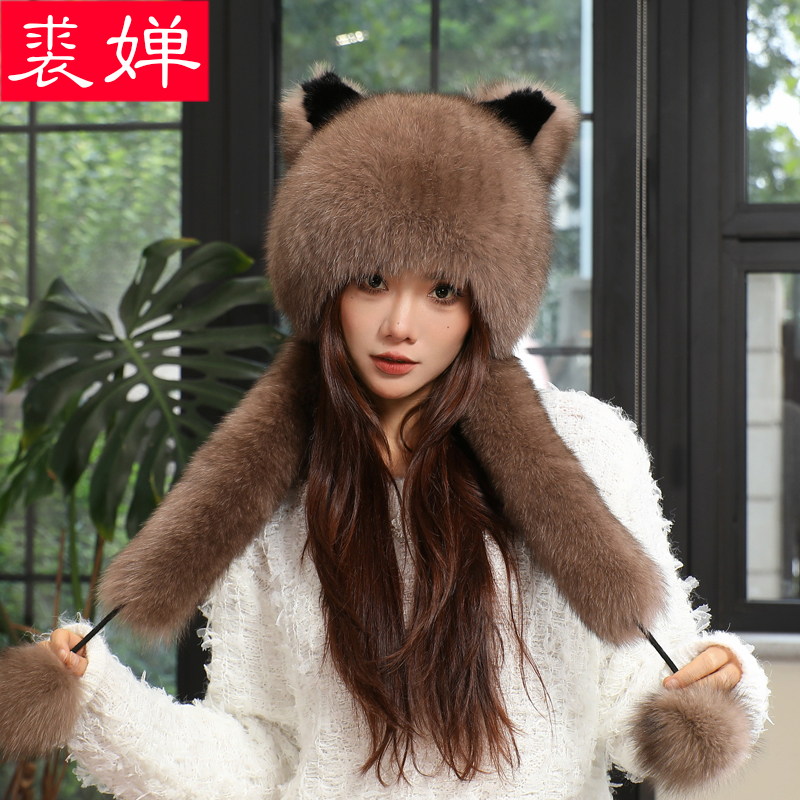 狐狸毛皮草帽子女冬季保暖护耳时尚洋气风雪帽出游拍照可爱猫耳朵