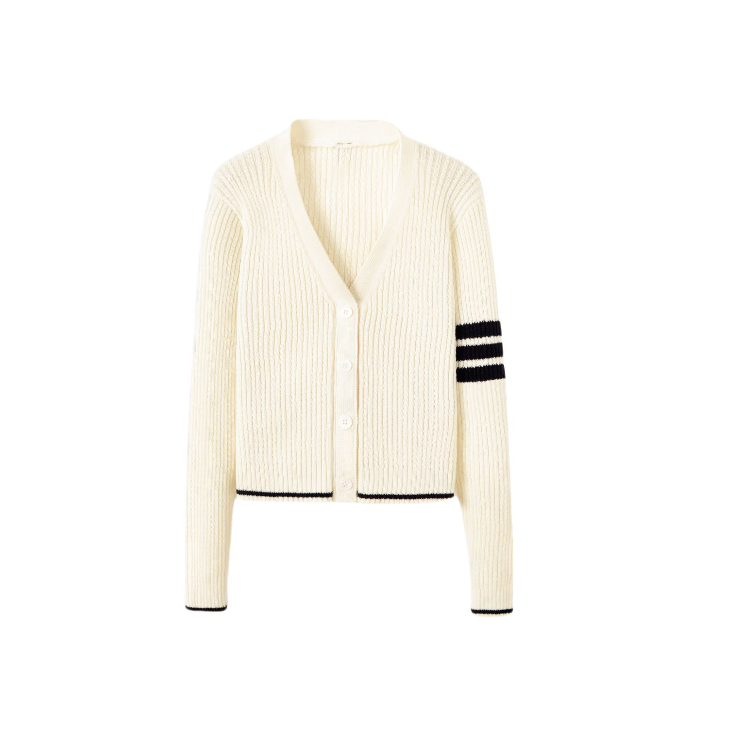 2024秋冬新款经典时尚白色V领撞色织带长袖开衫毛衣-LK013