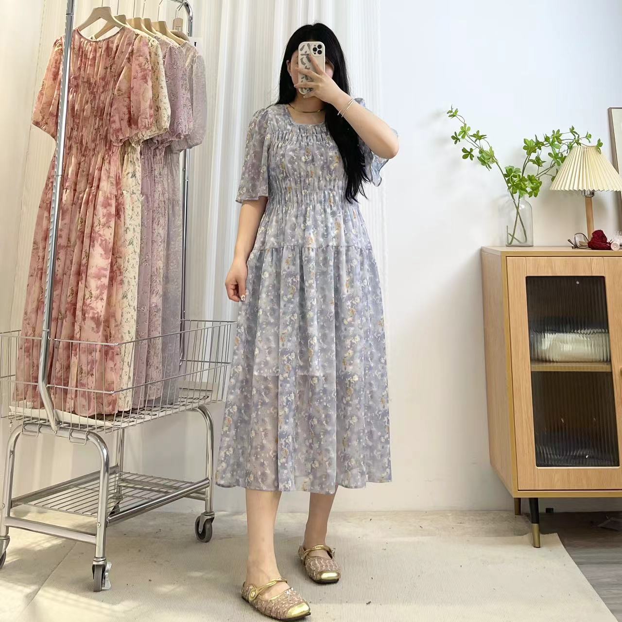 韩系新品【蓝色星空】气质优雅显白大码胖mm松紧腰遮肉显瘦连衣裙