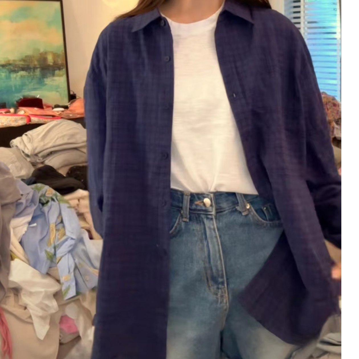 【NO退NO换】韩国东大门秋款蓝色格子衬衣