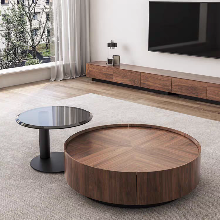 意式极简诧寂风胡桃木色圆形茶几现代简约小户型客厅储物茶几组合