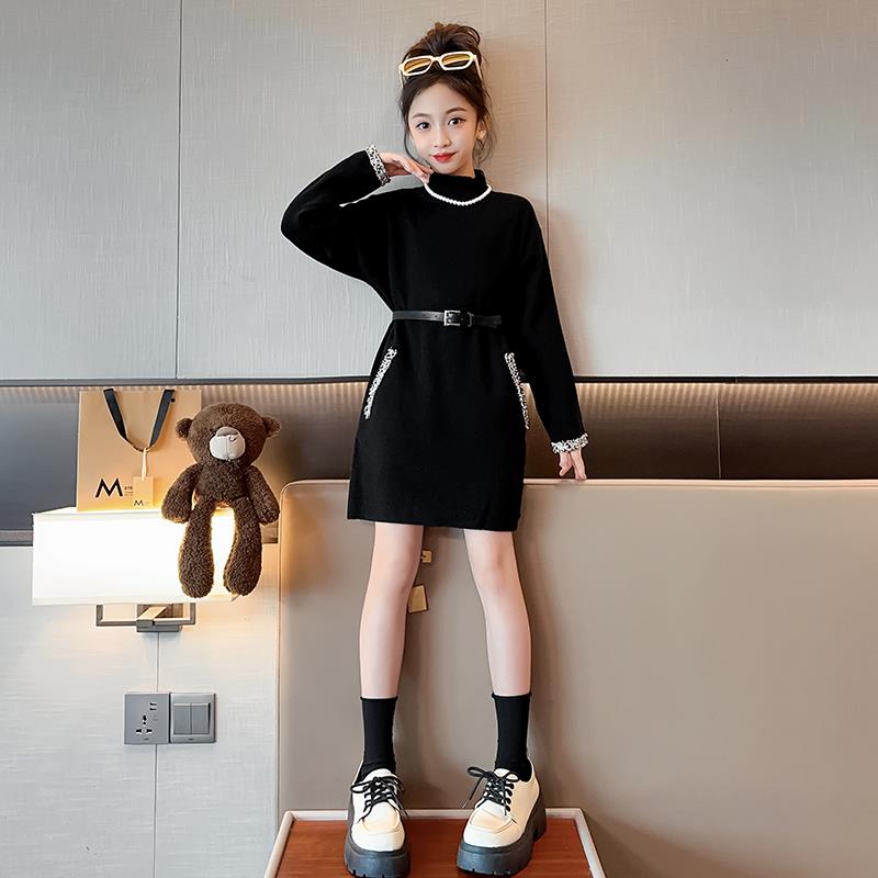 中大童女生秋装连衣裙时尚口袋毛衣裙子初中生女孩洋气春秋装新款