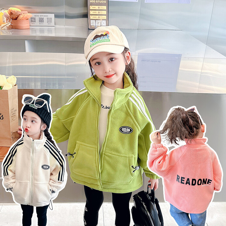 女童澳粒绒外套2023新款秋冬季圆领洋气时尚潮流中大童宽松上衣