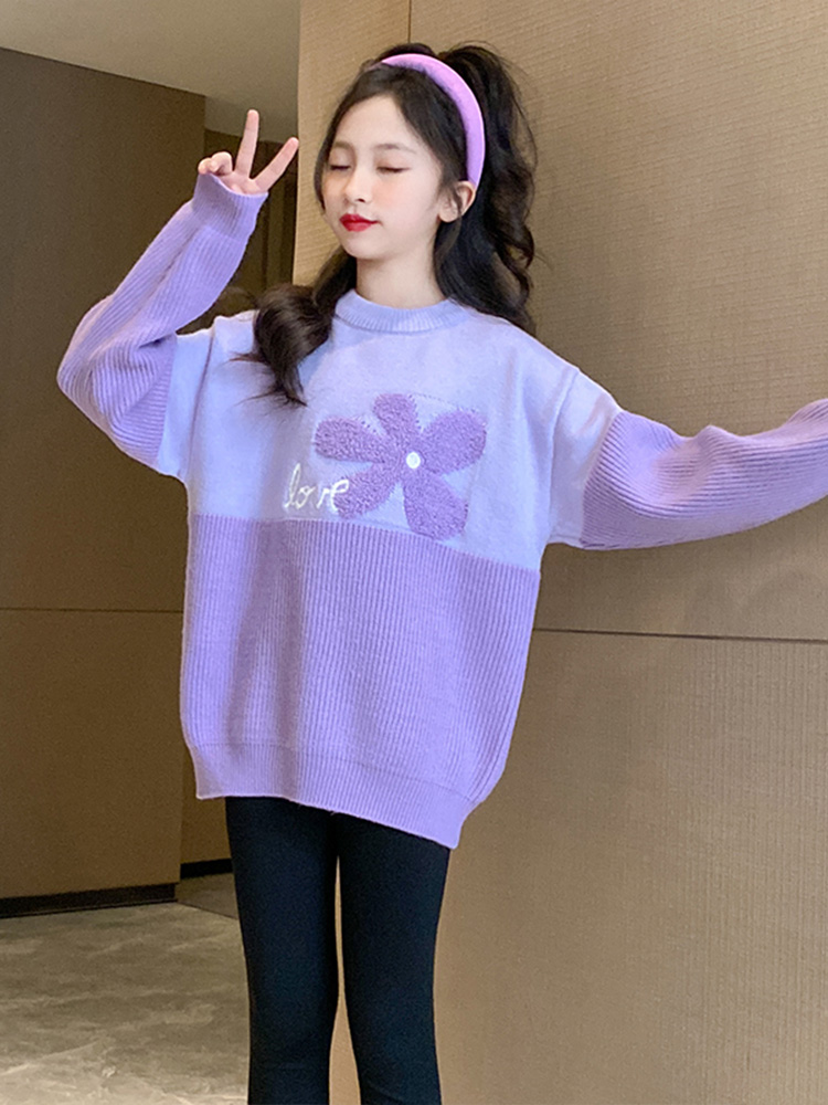女童圆领毛衣秋冬2023新款儿童时尚炸街花朵针织衫大童洋气打底衫