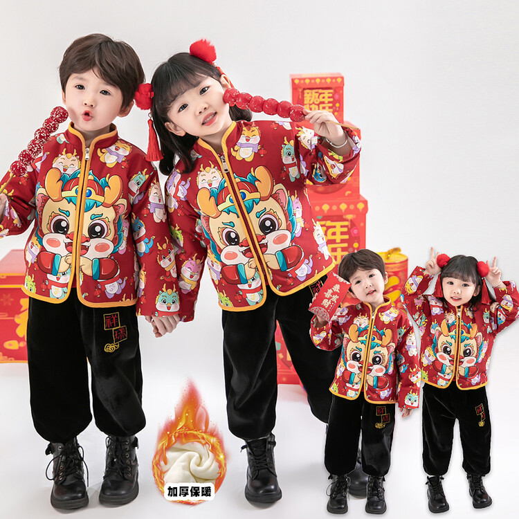 男女童冬款加厚新年装儿童唐装汉服国潮风拜年风宝宝周岁表演服装