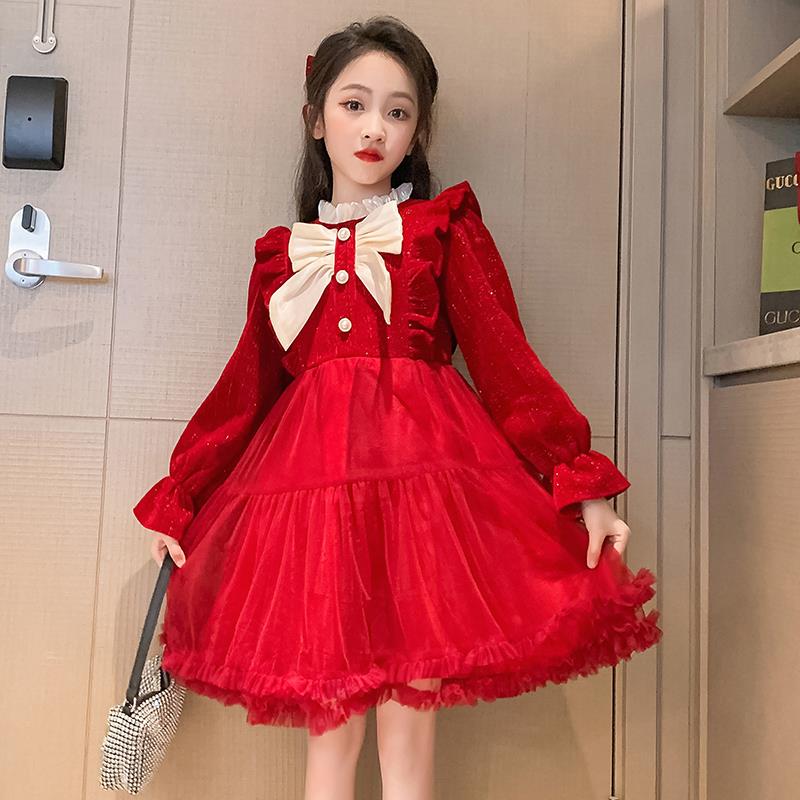 女孩冬季加绒公主裙2023洋气超仙甜美女宝宝雪尼尔网纱拼接连衣裙