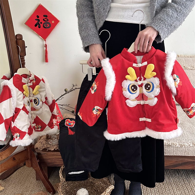 男童拜年服唐装儿童喜庆新年服套装女宝宝周岁礼服加绒加厚过年服