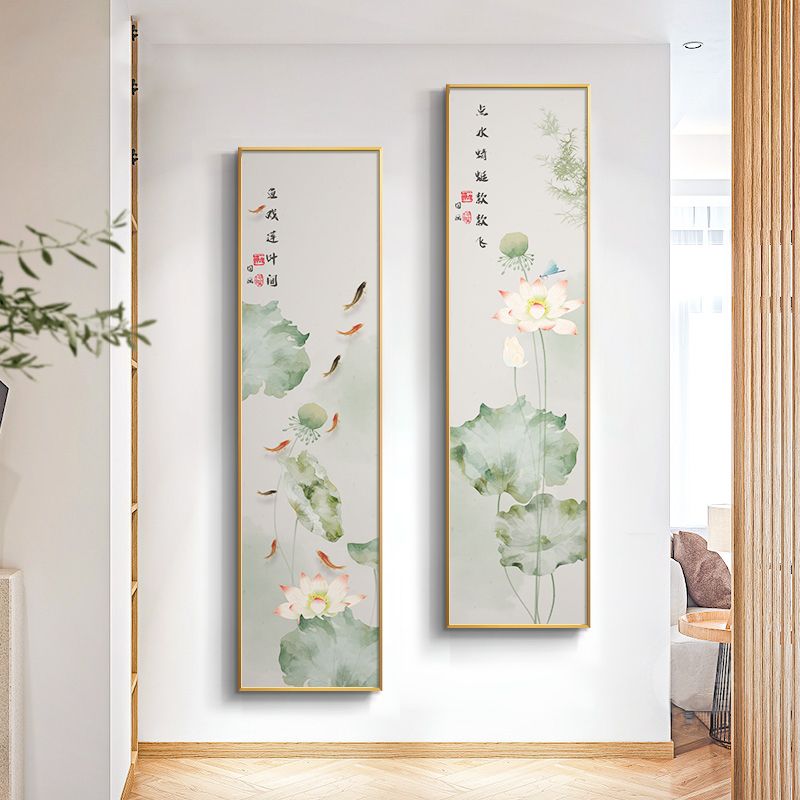 荷花入户玄关挂画竖九鱼图聚财新中式装饰画禅意民宿壁画茶室背景