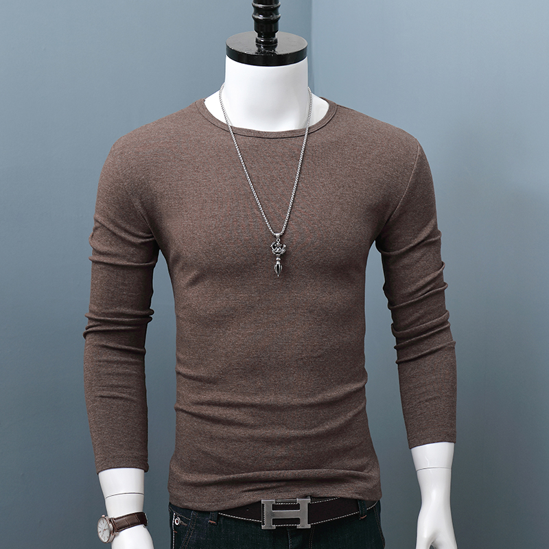 秋衣春秋季圆领厚款打底衫男士长袖t恤纯棉白色内搭修身紧身纯色