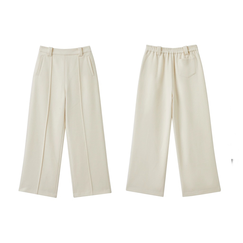 米娅 原创设计 毛呢松紧腰宽松阔腿长裤复古通勤