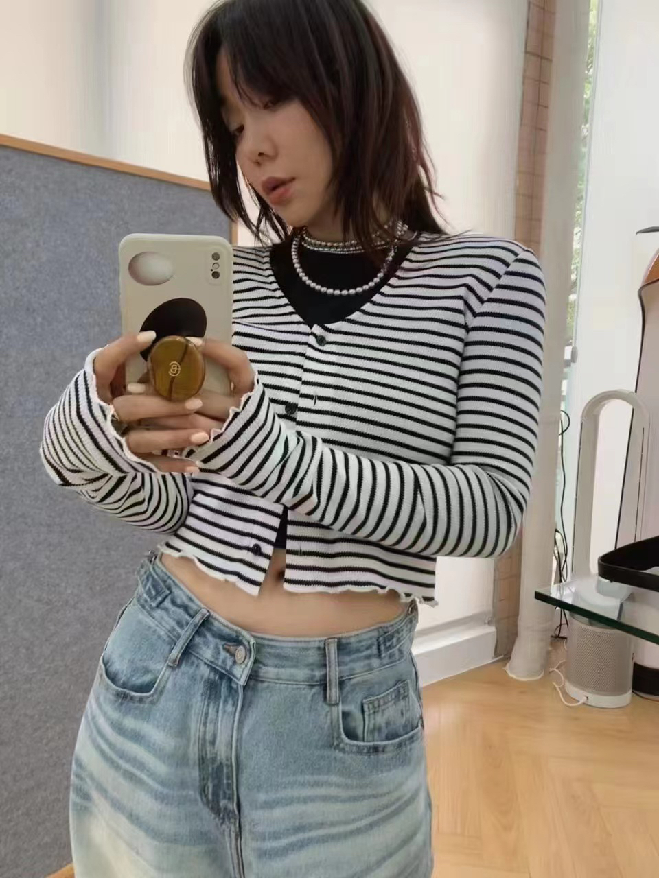 米娅 条纹开衫上衣交错设计感小众撞色内搭T恤