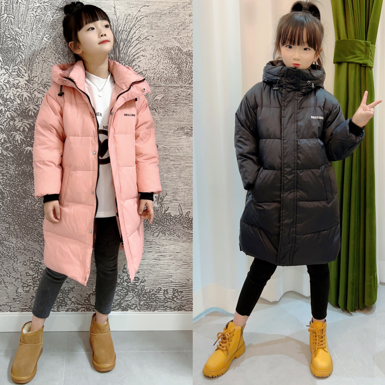 儿童中长款字母连帽羽绒服100-170
