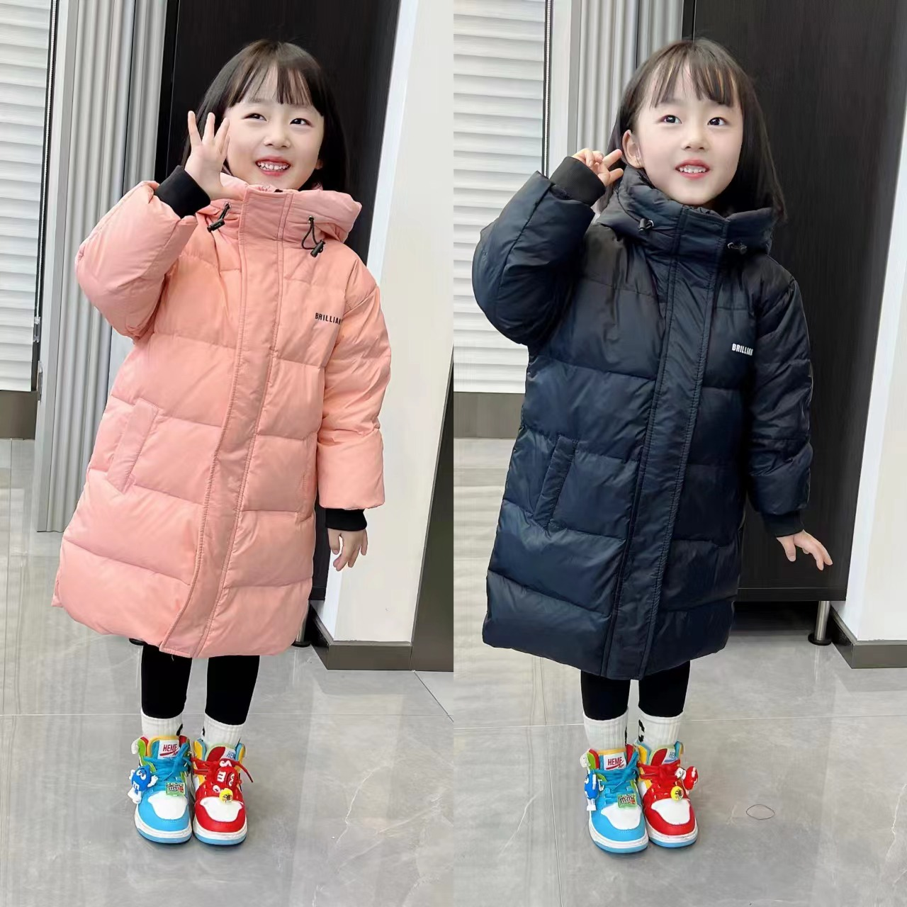 儿童中长款字母连帽羽绒服100-170