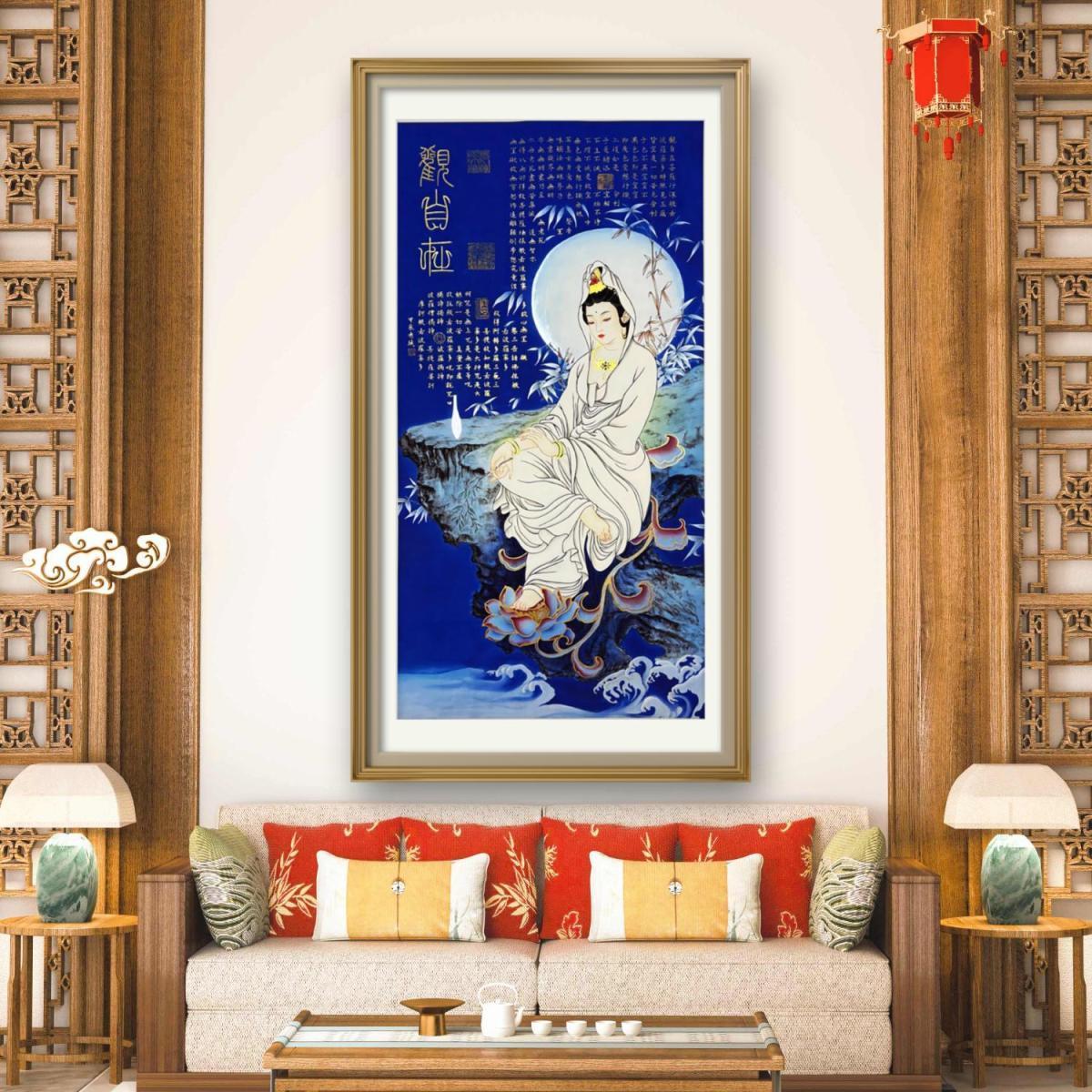 【宫彩手绘描金】宮彩蓝宣静思观音图—胡墨——手绘国画