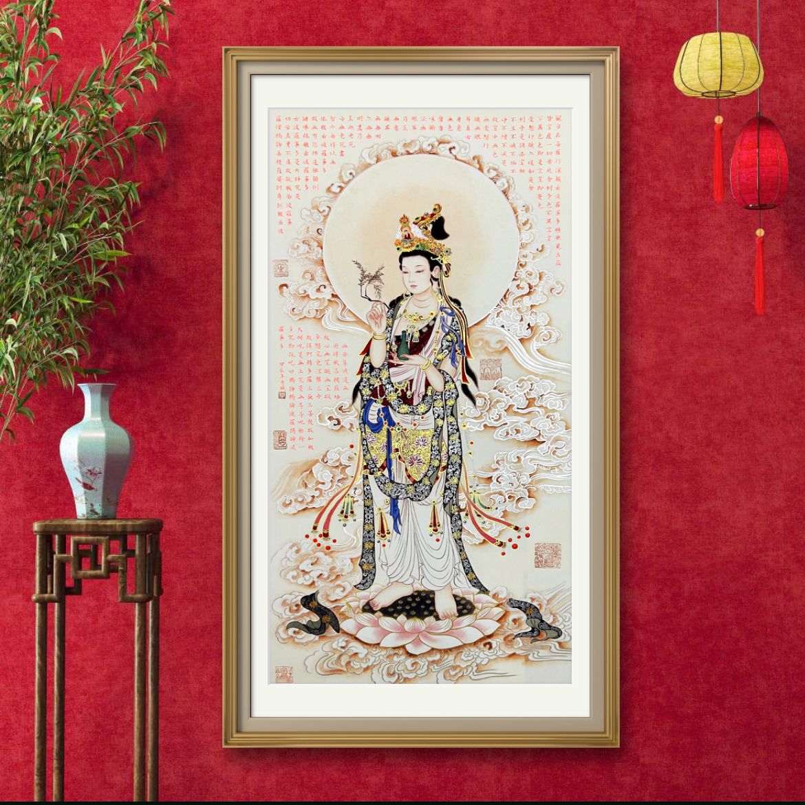 【宫彩手绘描金】祥云水月观音图—胡墨- 手绘国画