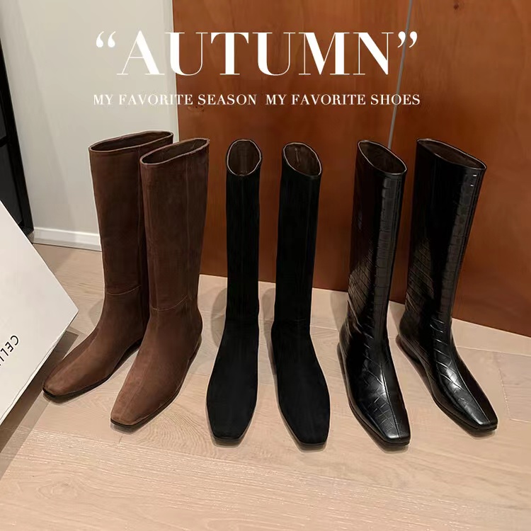 【蔻牌女鞋】2.5cm长筒骑士女靴秋冬潮靴真皮加绒长靴粗跟过膝瘦靴