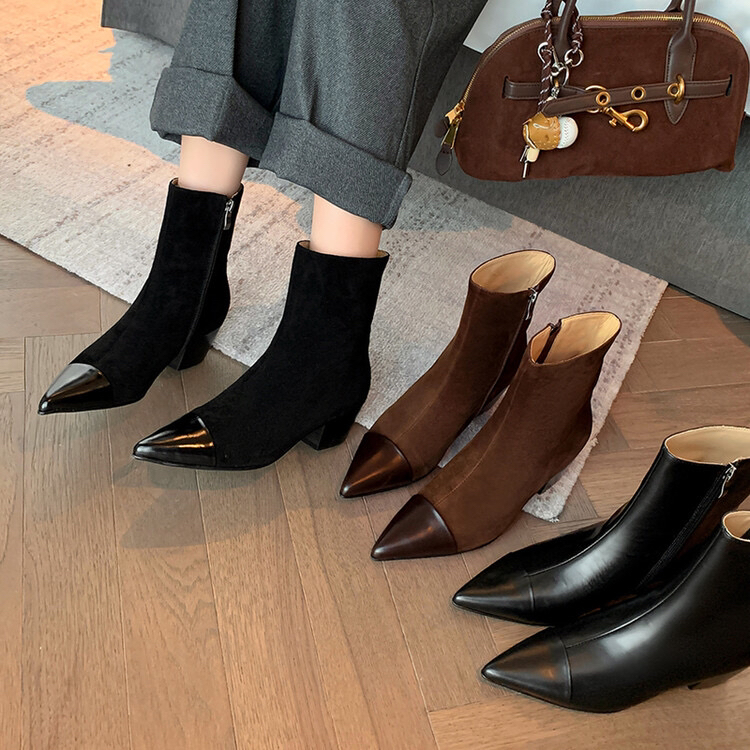 【蔻牌女鞋】4.5cm秋冬新款短靴显瘦尖头女靴复古女鞋粗跟瘦瘦靴