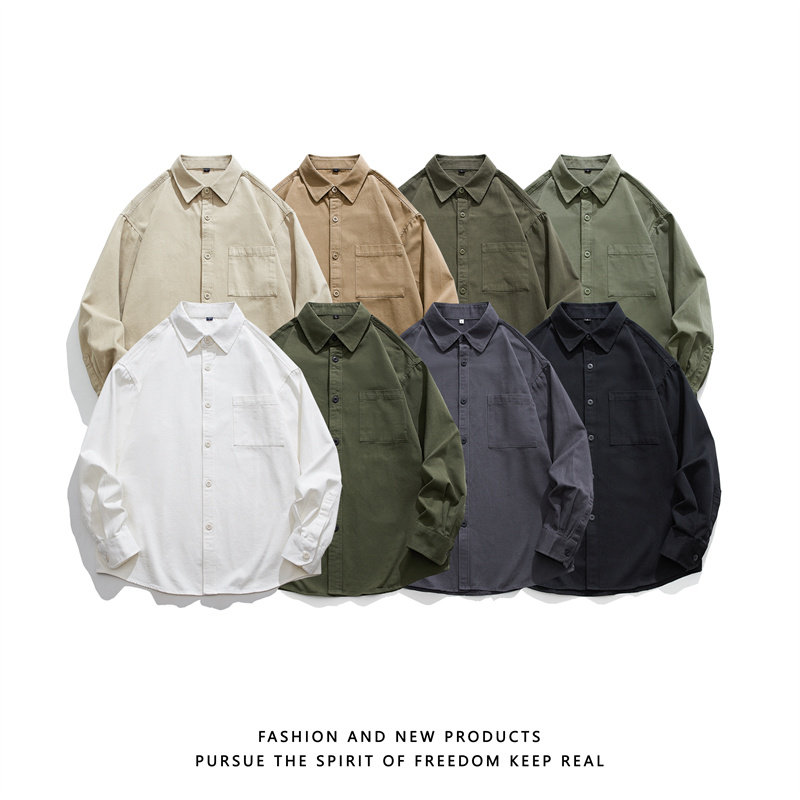 美式300G重磅纯棉衬衫男长袖秋季休闲外套复古高级感工装白色衬衫