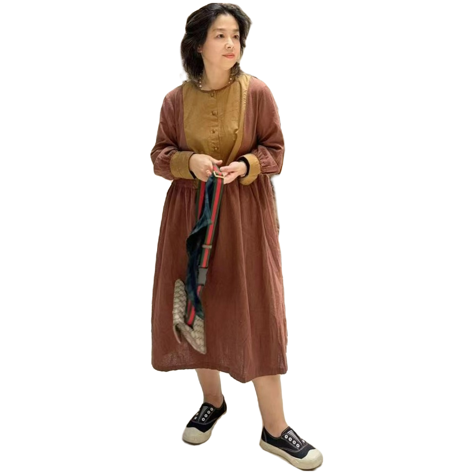 大版净色拼接长袖宽松休闲时尚纯色a字百搭圆领简约女装连衣裙