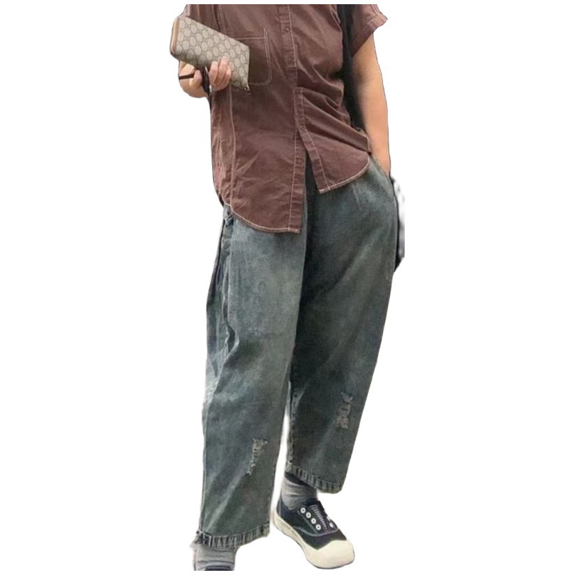 做旧水洗宽松休闲百搭春季复古水洗宽松棉质薄款裤子短款牛仔裤