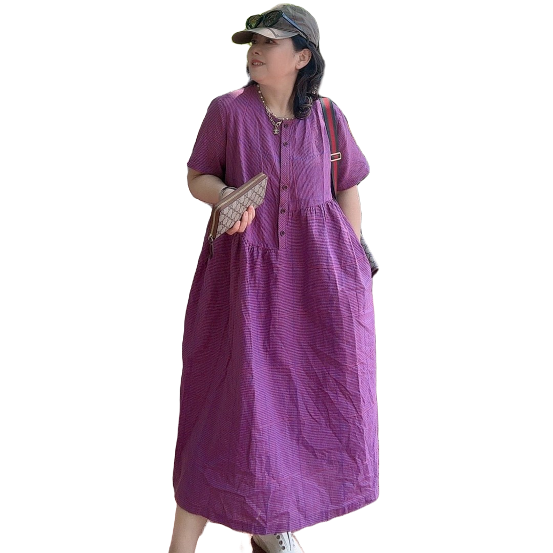 夏季时尚长款宽松气质圆领女装中长款复古复古大码休闲棉麻连衣裙