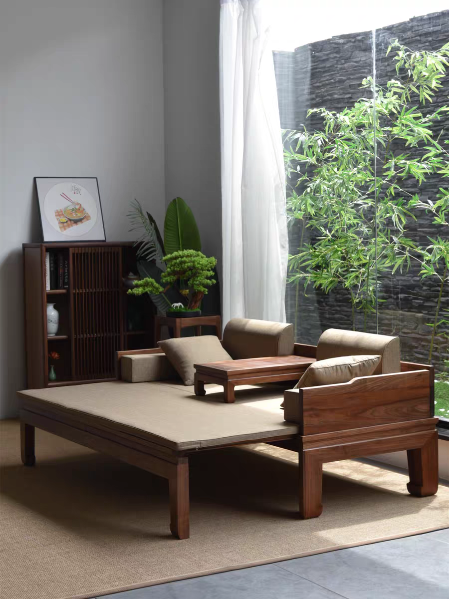 新中式黑胡桃木罗汉床实木推拉沙发床禅意小户型美人榻折叠双人床