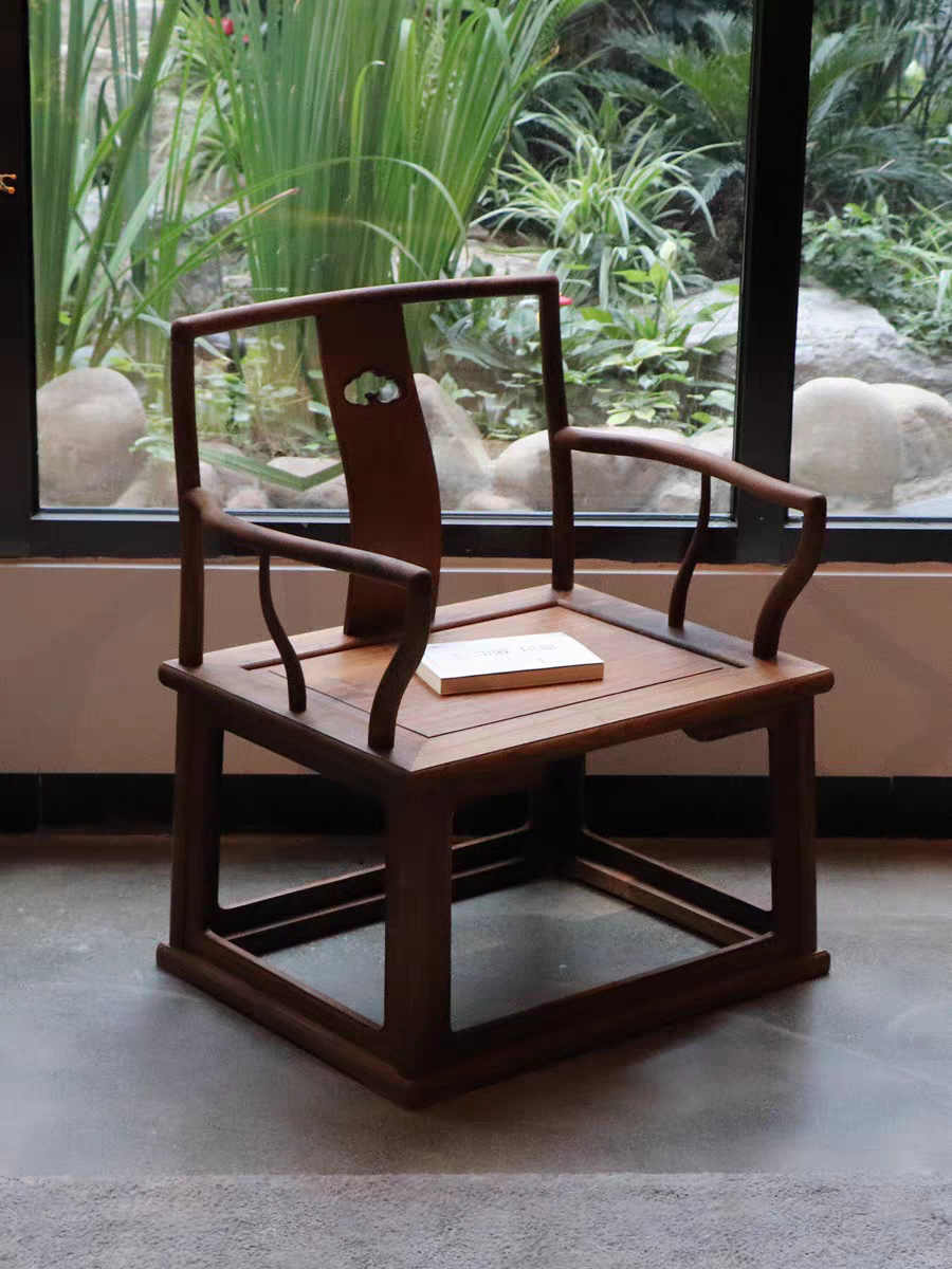 新中式北美黑胡桃木主客椅茶室主人位实木矮官帽椅榆木太师靠背椅