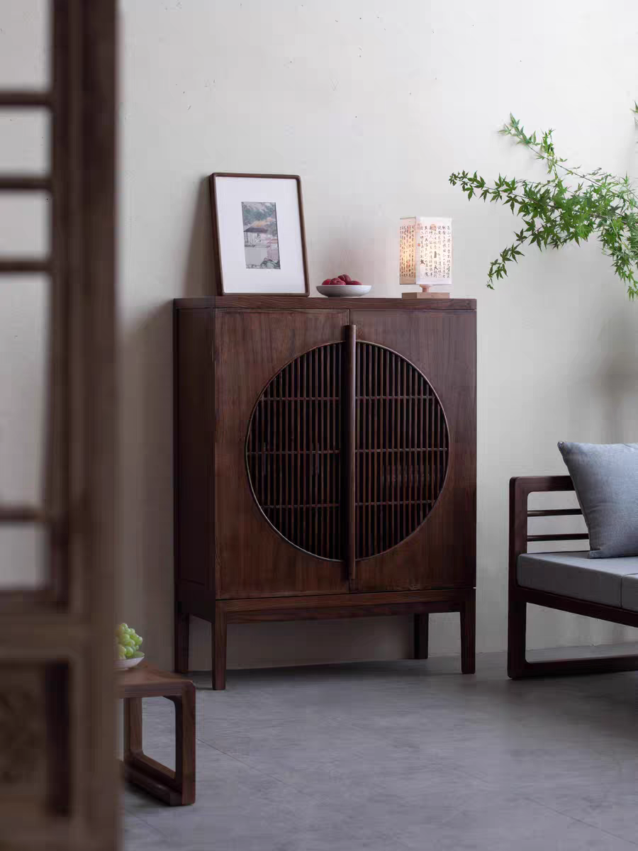 黑胡桃木餐边柜新中式玄关柜实木边柜禅意储物柜明式茶柜简约鞋柜