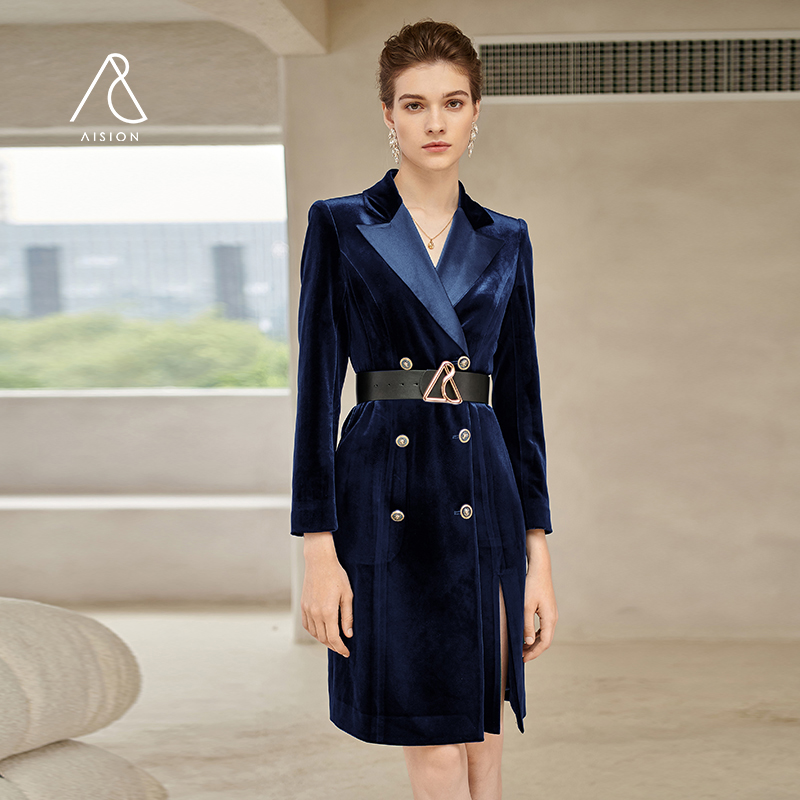 复古法式中长款修身名媛气质长袖轻奢红色收腰秋冬连衣裙蓝色