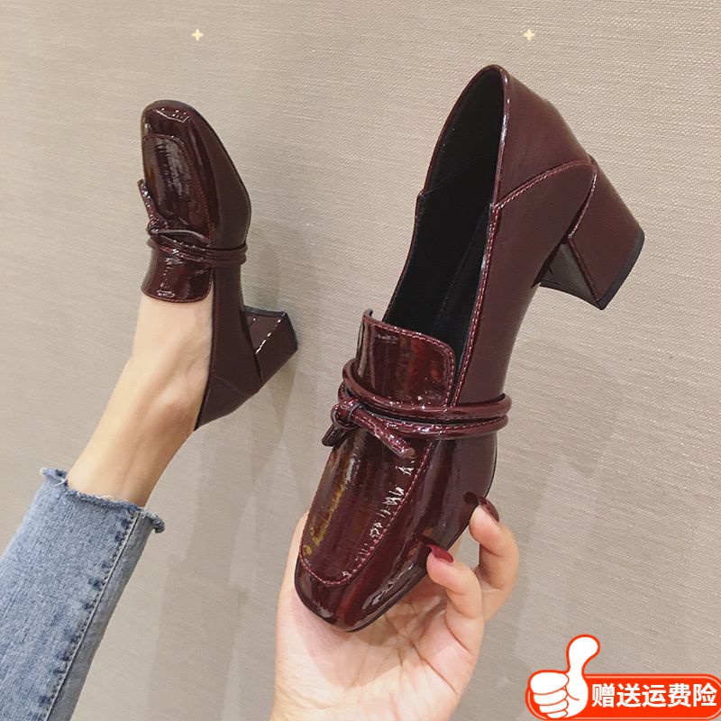 丽人潮鞋小皮鞋女2023秋季新款软皮粗跟单鞋高跟女鞋英伦风乐福鞋