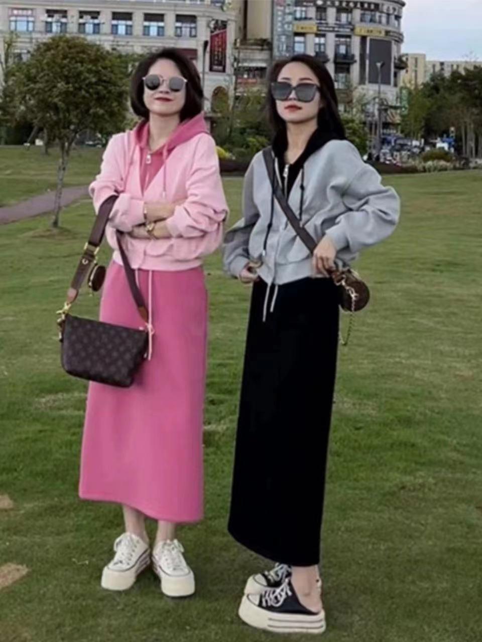 057休闲运动套装女秋冬新款时尚拼接连帽卫衣半身裙两件套宽松