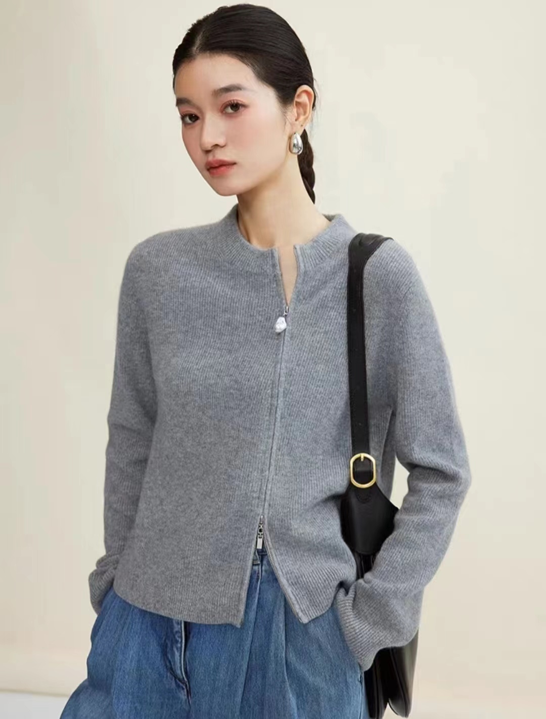 2023款100分山羊绒不规则双拉链针织开衫女秋冬小众软糯百搭园领