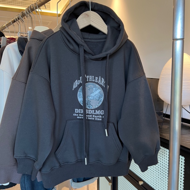 现货清！想好再拍！【加绒】秋冬月球印花深灰色加绒一体绒连帽卫衣