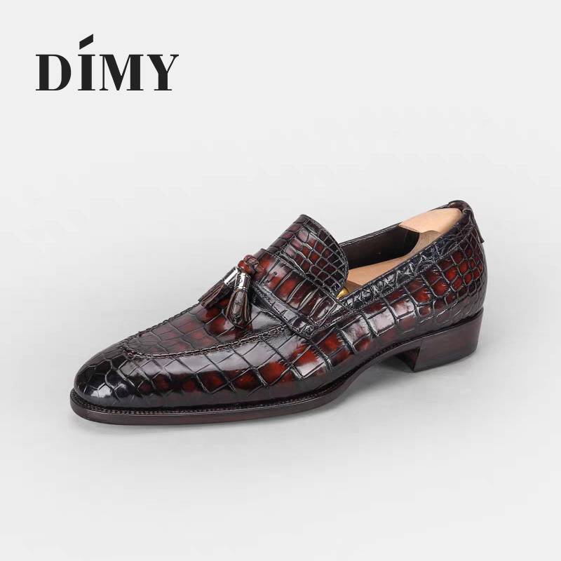 Dimy圆弧琴底手工沿条双缝线鳄鱼皮鞋男高档休闲时尚乐福鞋B008