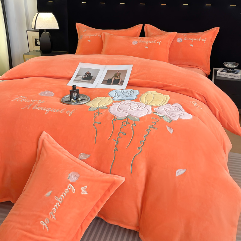 【玫瑰爱恋绒】牛奶绒四件套冬季贴布绣加厚双面绒保暖法兰珊瑚绒被