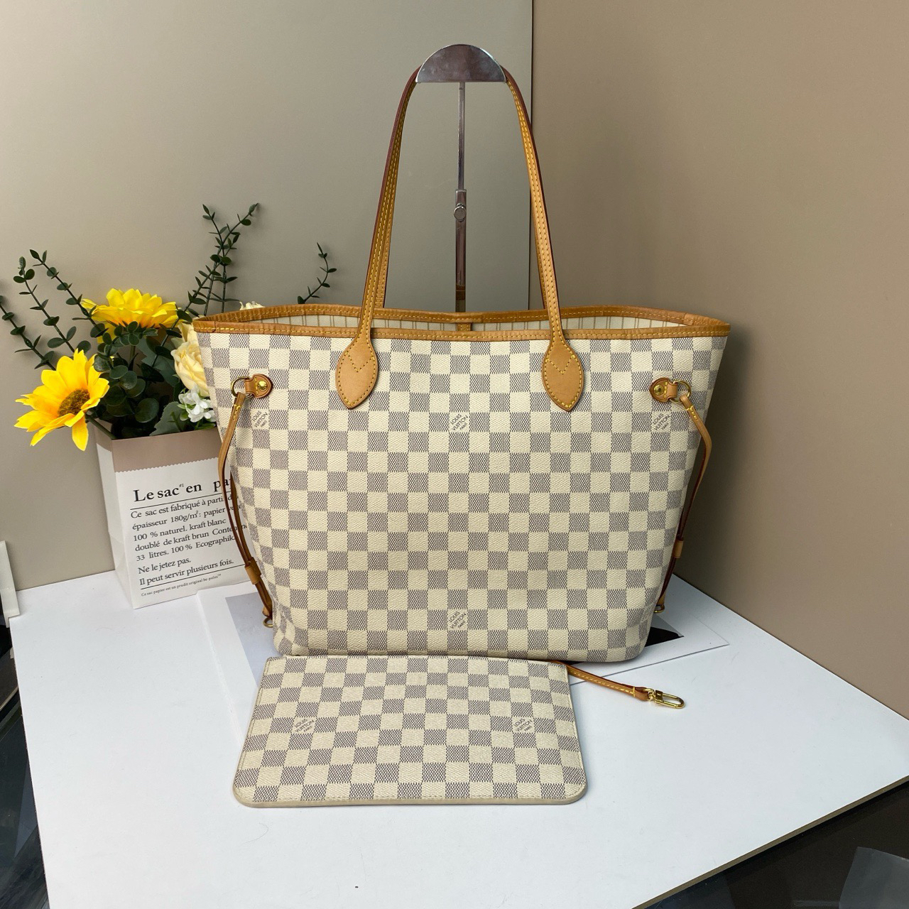 95新 LouisVuitton/路易威登 LV白棋盘中号neverfull单肩包