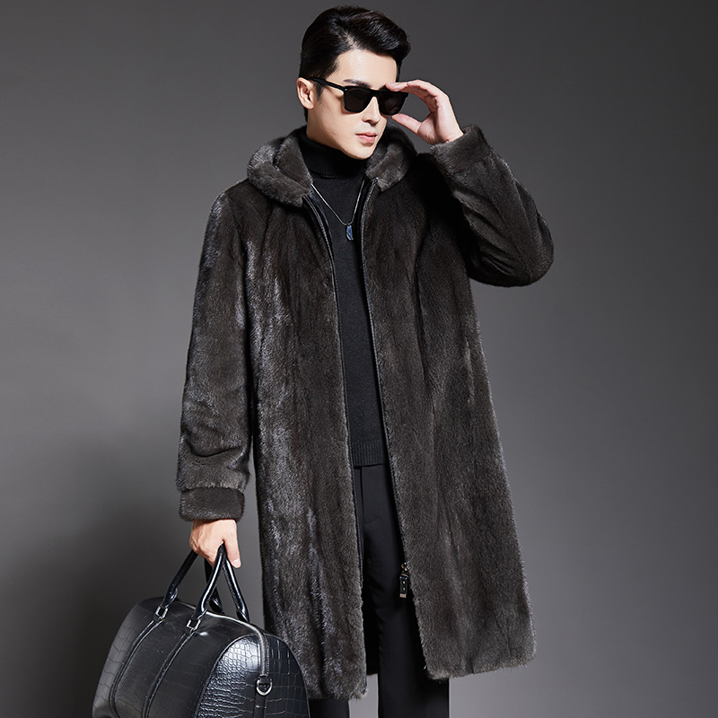 貂皮大衣男士202235整貂长款天鹅绒水貂毛皮草连帽长款风衣冬季