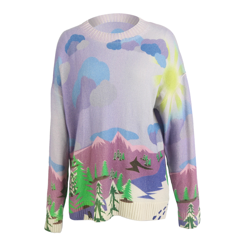 舒迪茗媛秋冬新款艺术印花圆领羊绒衫