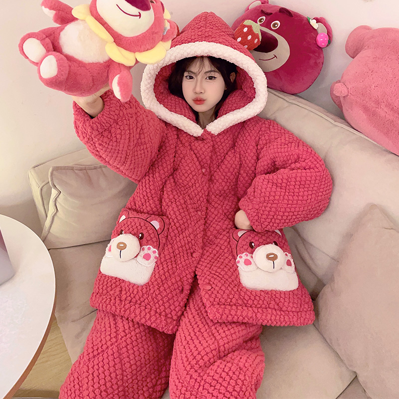 2023年新款冬季珊瑚绒睡衣女秋冬季加厚加绒三层夹棉家居服套装