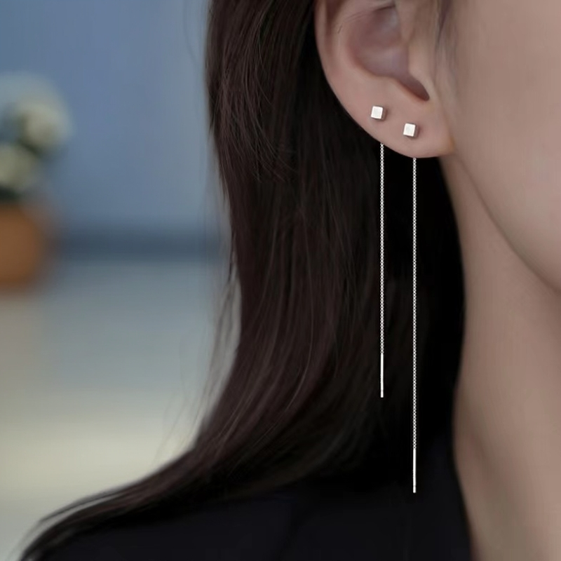 铜合金耳饰 S925纯银小方块耳线女气质高级感流苏长耳环简约耳饰